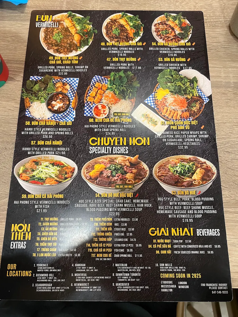 Menu, Pho Anh Vu Toronto