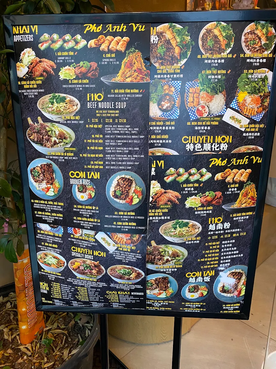 Menu, Pho Anh Vu Toronto