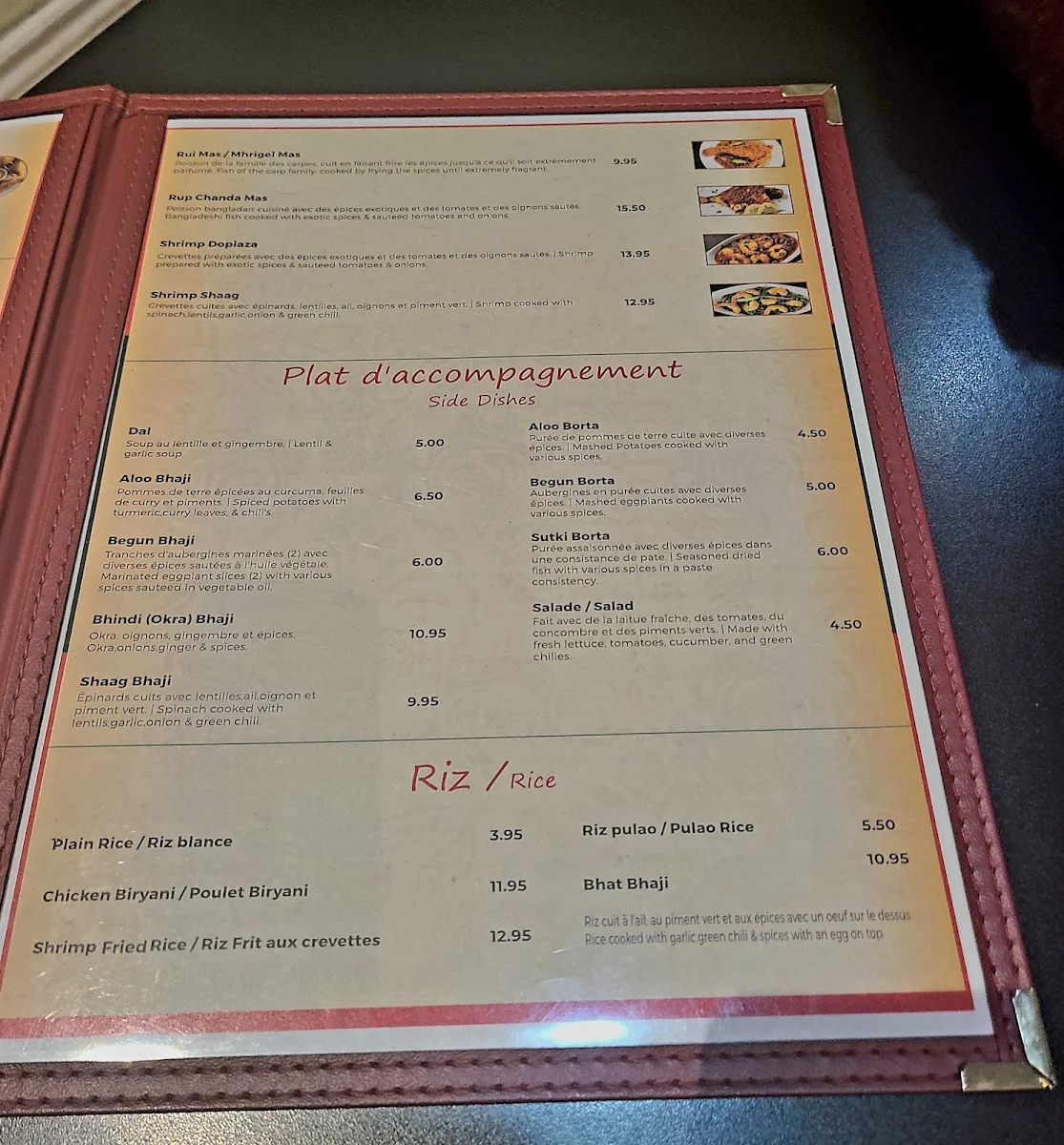Menu, APPAYON - Cuisine Bangladeshi