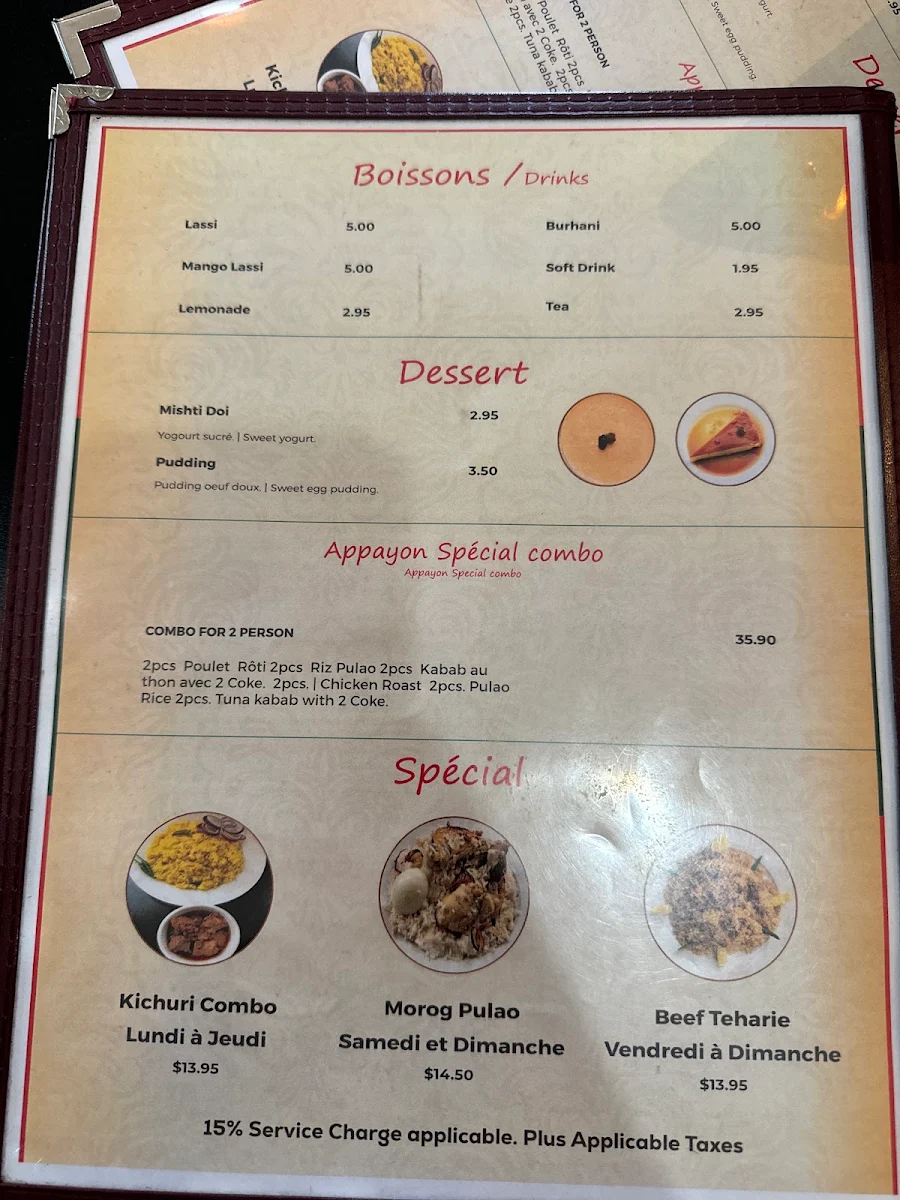 Menu, APPAYON - Cuisine Bangladeshi