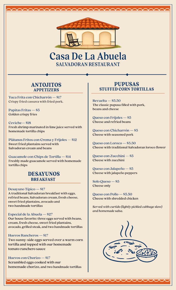 Menu, Casa de la Abuela, Salvadoran Restaurant