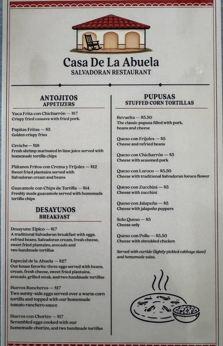 Menu, Casa de la Abuela, Salvadoran Restaurant