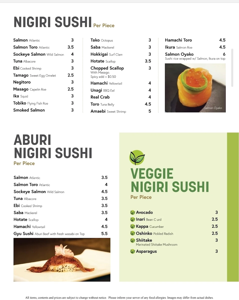 Menu, Tsuki Sushi Bar Vancouver