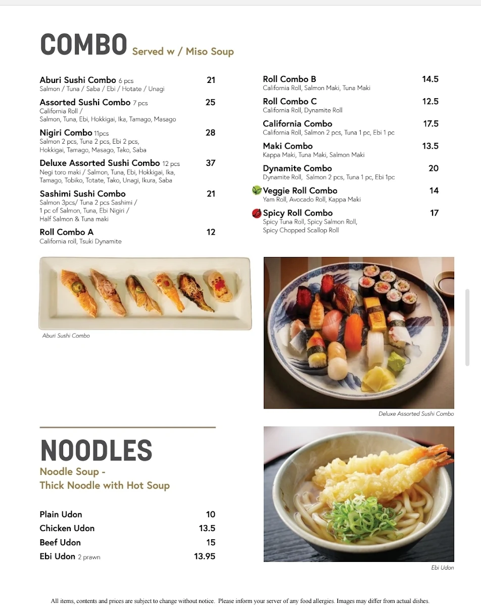 Menu, Tsuki Sushi Bar Vancouver