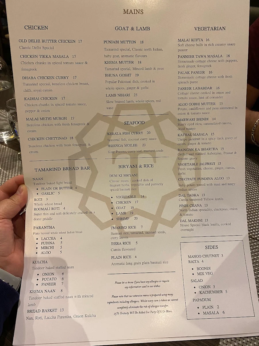 Menu, Tamarind Modern Indian Bistro