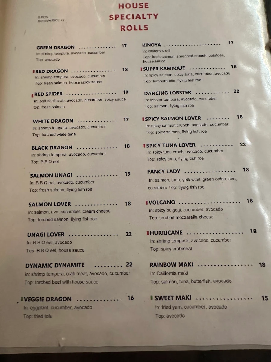 Menu, Kinoya Sushi and Bar