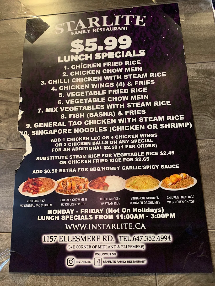Menu, Starlite Family Restaurant