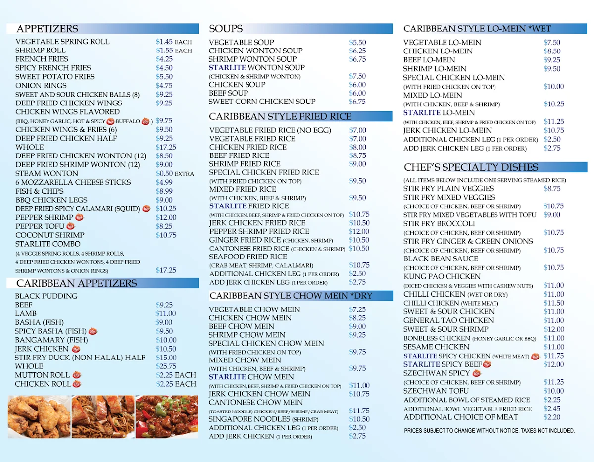 Menu, Starlite Family Restaurant