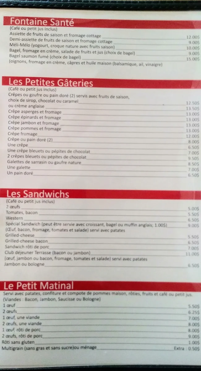 Menu, Restaurant Terrasse Du Lac