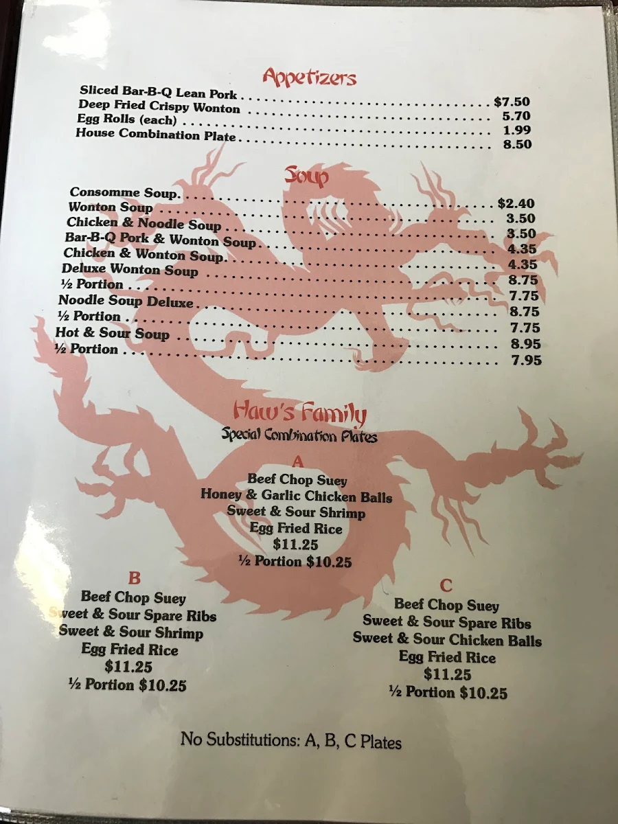 Menu, Haw's Family Restaurant