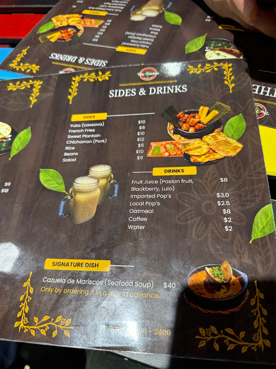 Menu, The Toston Colombian Cuisine