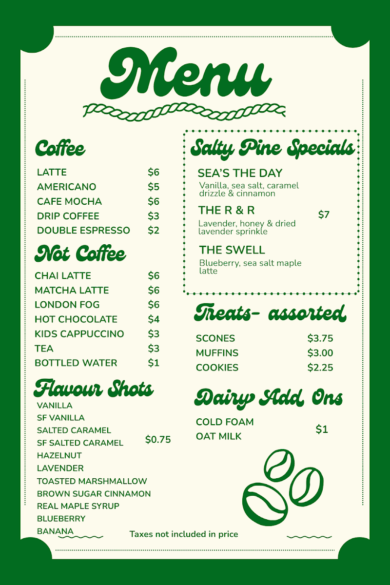 Menu, The Salty Pine