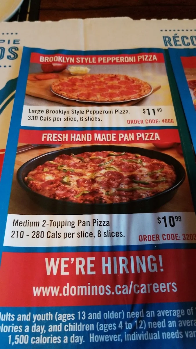 Menu, Domino's Pizza