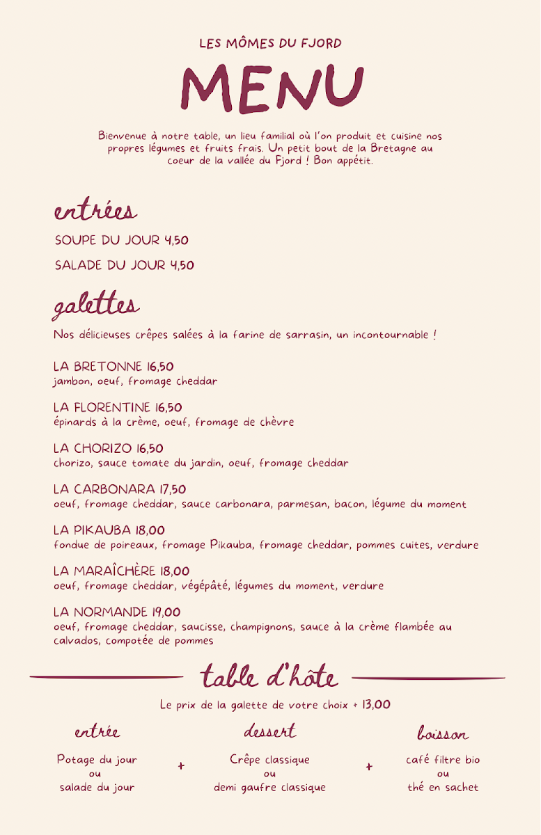 Menu, Le Jardin des Mômes