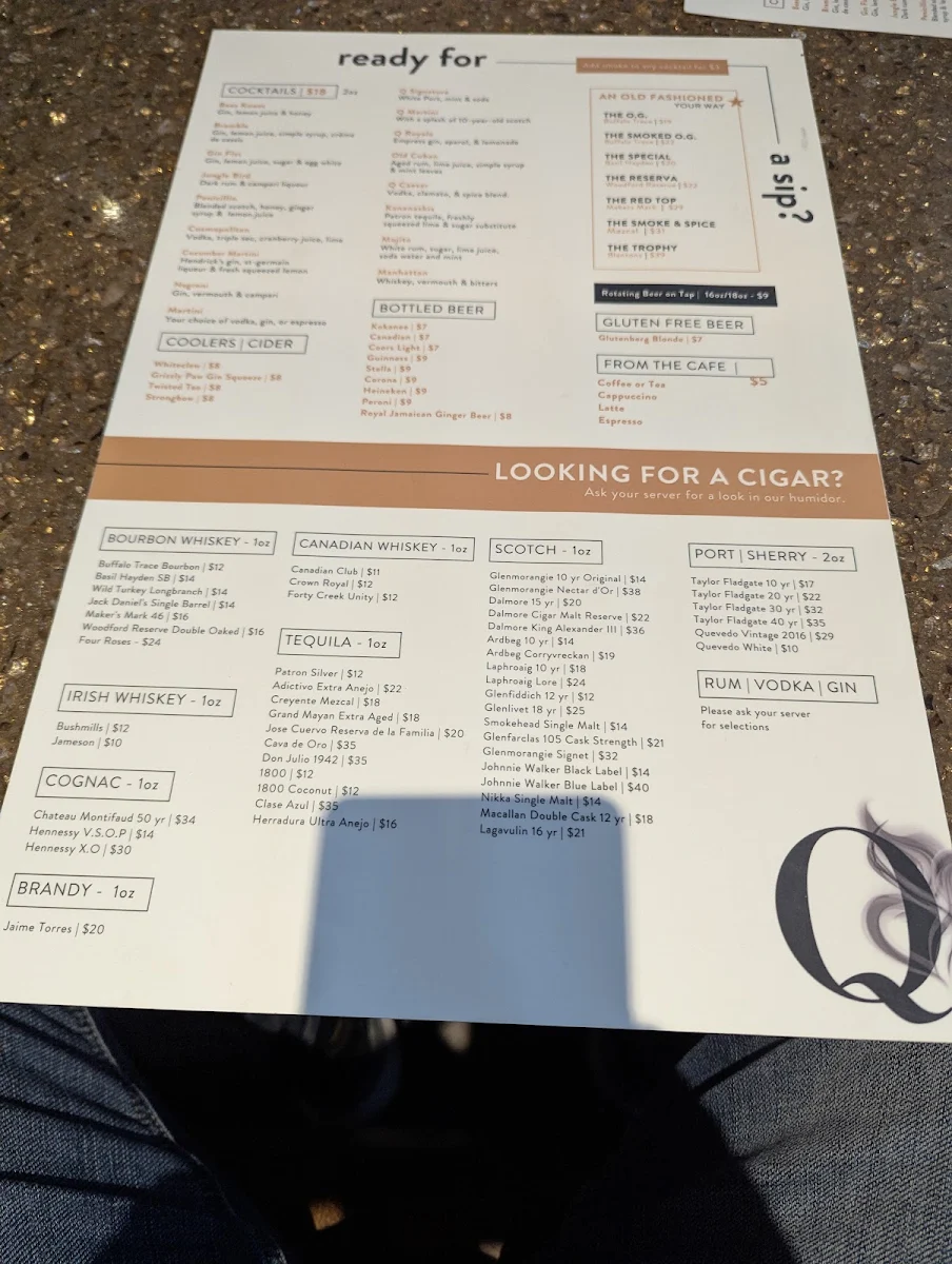 Menu, Q Cigar Room