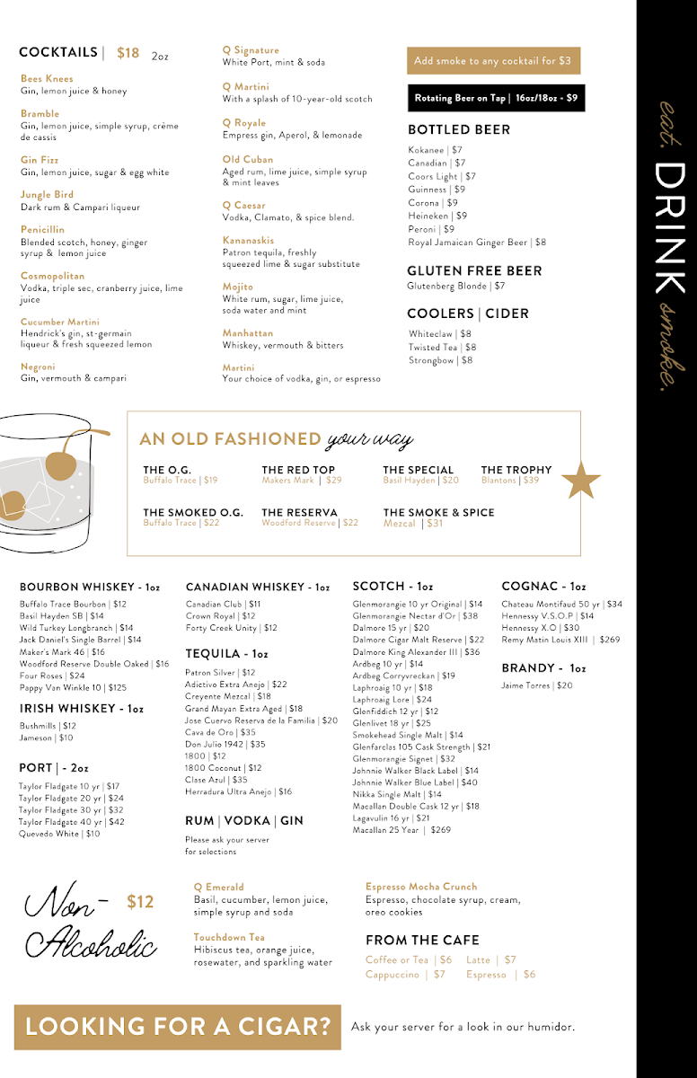 Menu, Q Cigar Room