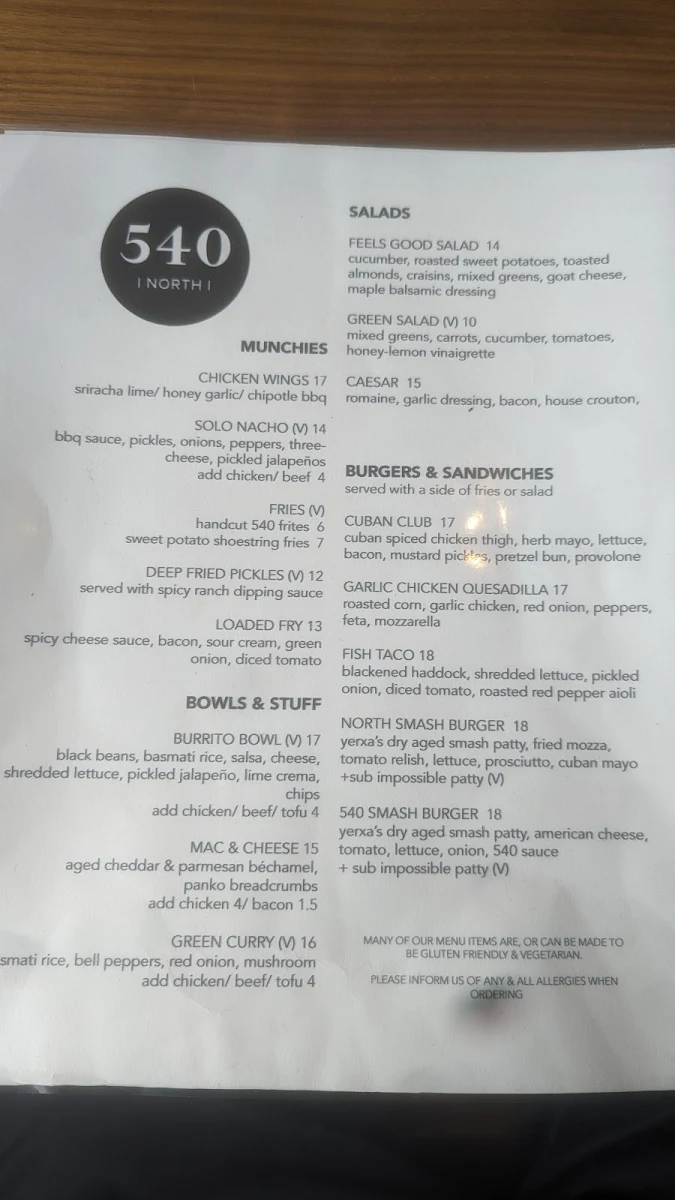 Menu, 540 North
