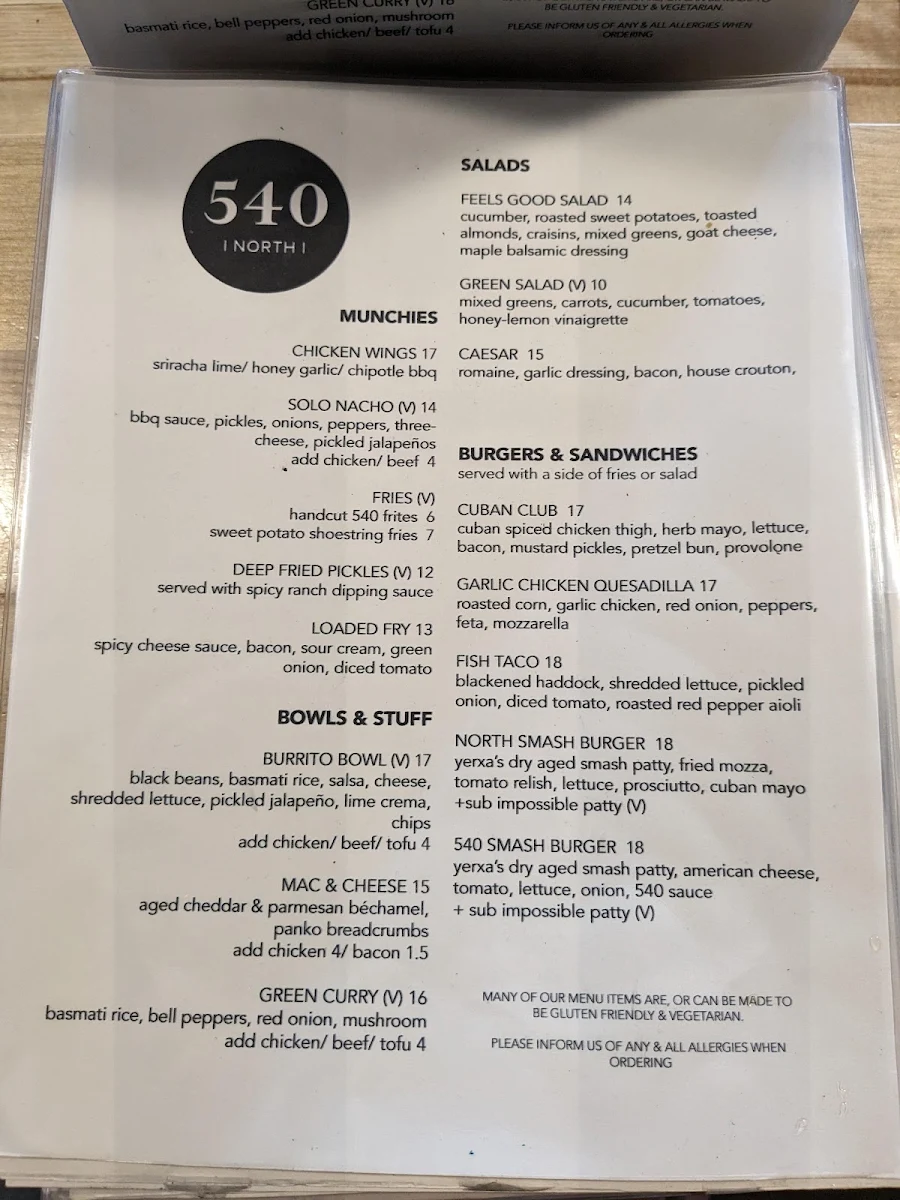 Menu, 540 North