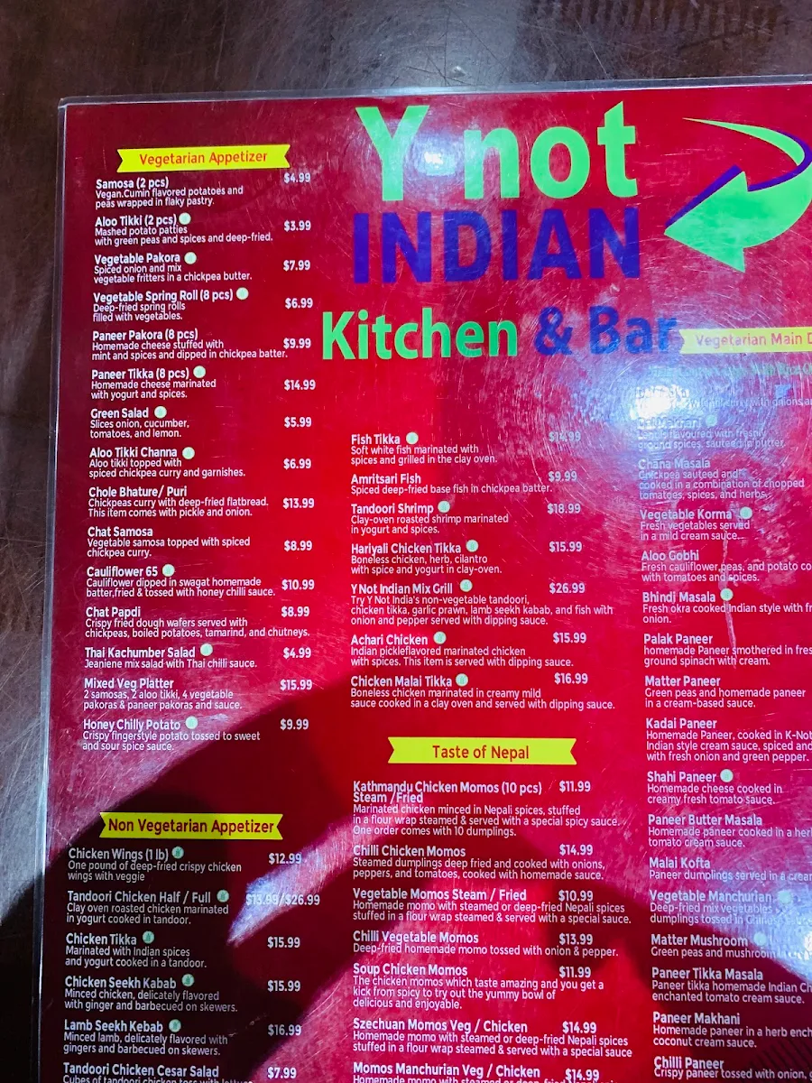 Menu, Y-Not Indian Kitchen and Bar