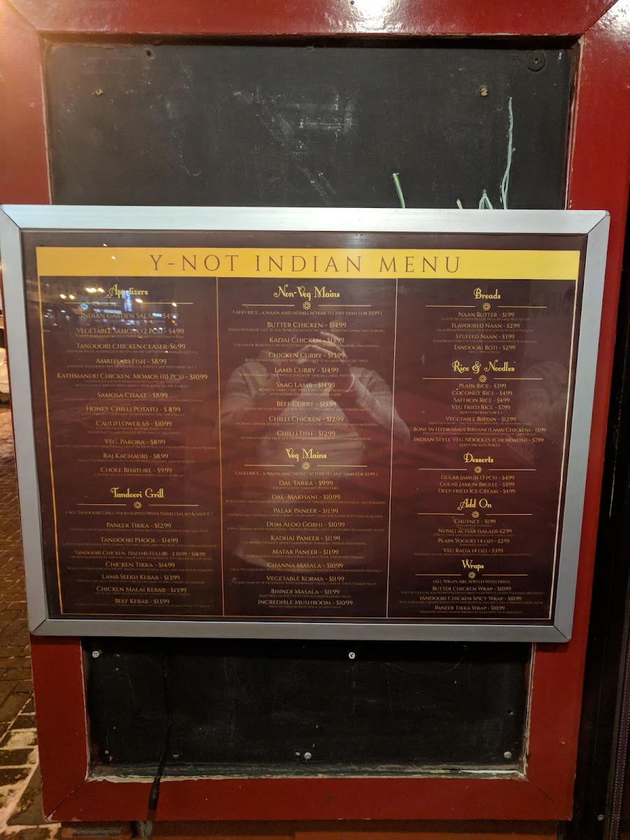 Menu, Y-Not Indian Kitchen and Bar