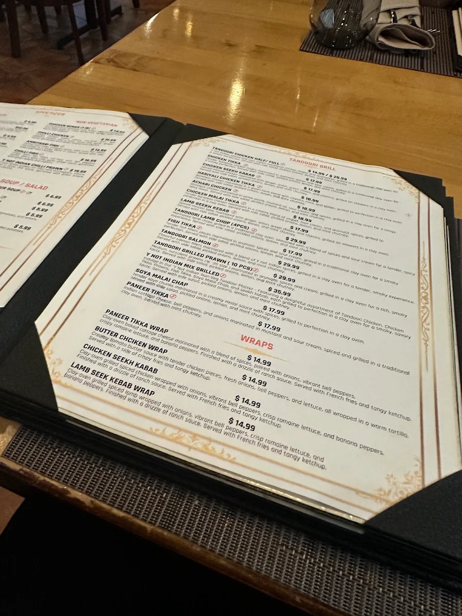 Menu, Y-Not Indian Kitchen and Bar