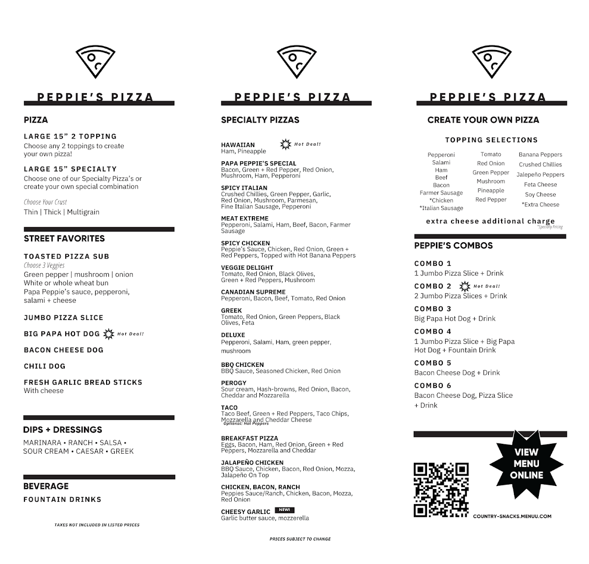 Menu, Papa Peppie's Pizza