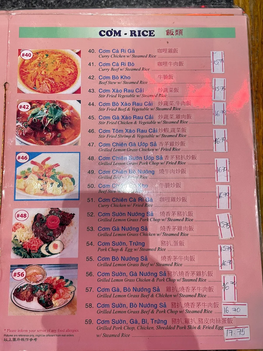 Menu, Pho Quynh Express
