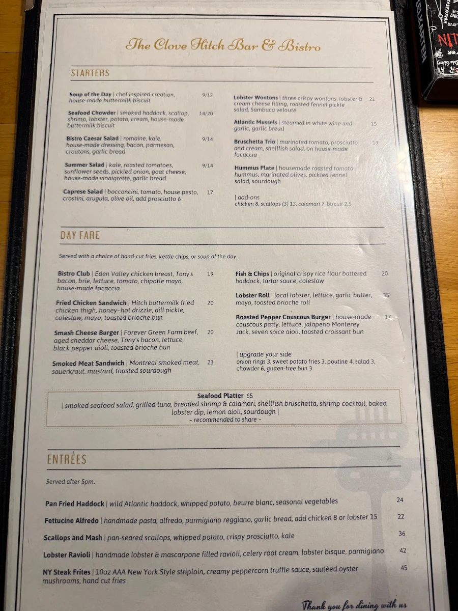 Menu, The Clove Hitch Bar & Bistro