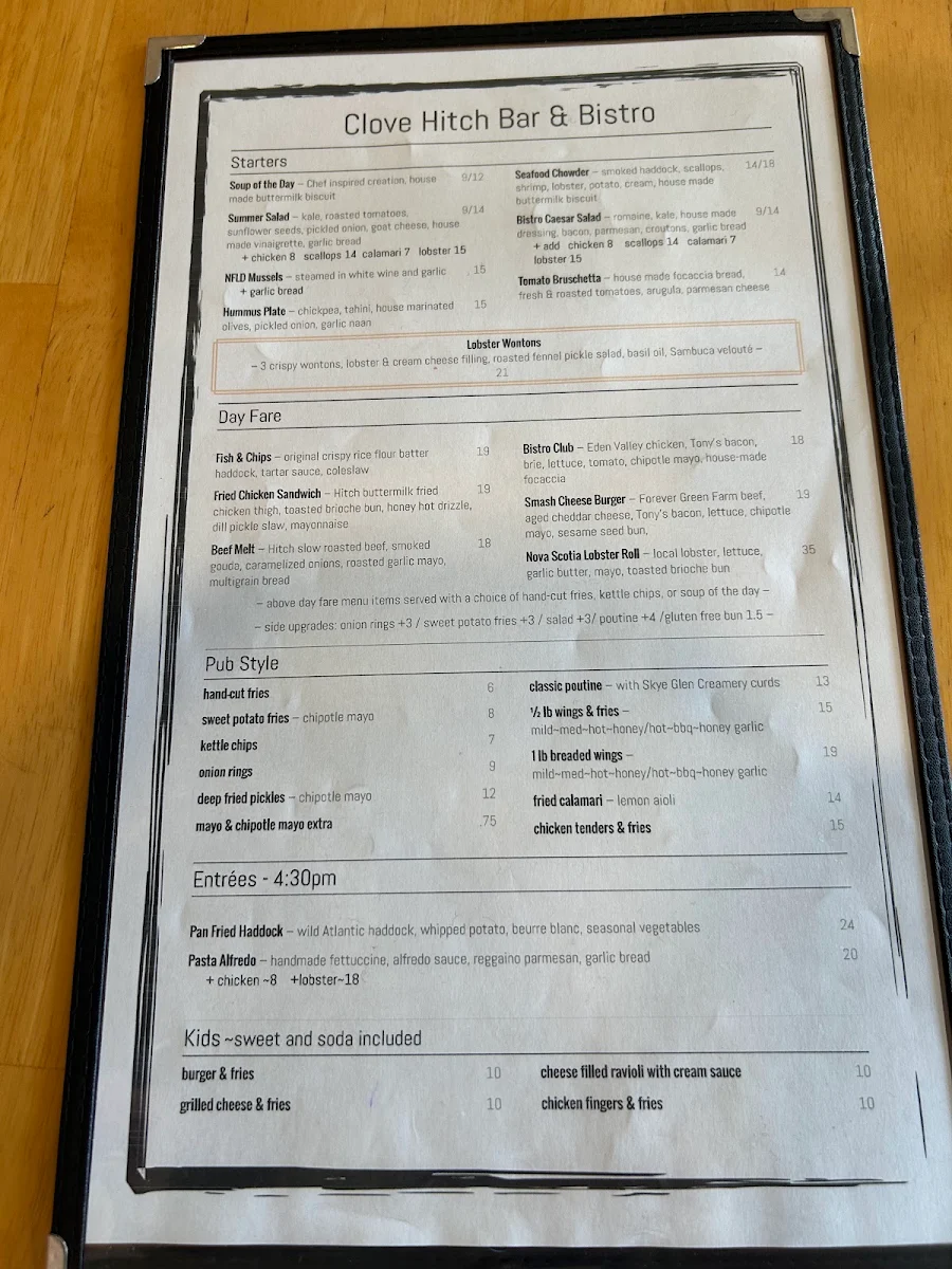 Menu, The Clove Hitch Bar & Bistro