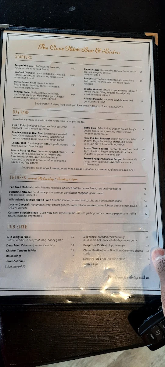 Menu, The Clove Hitch Bar & Bistro