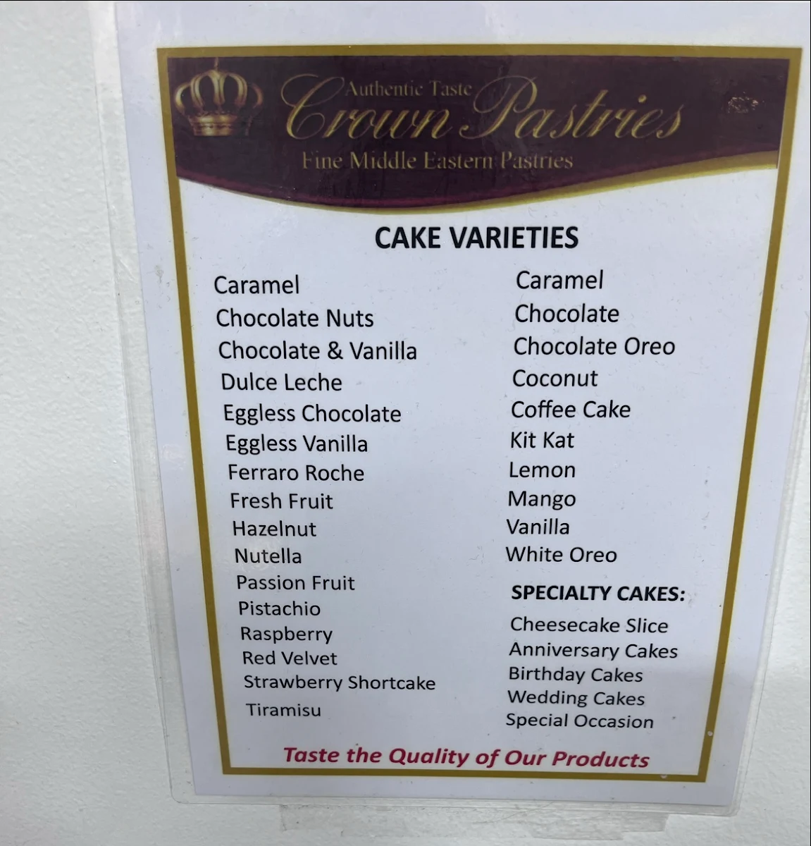 Menu, Crown Pastries
