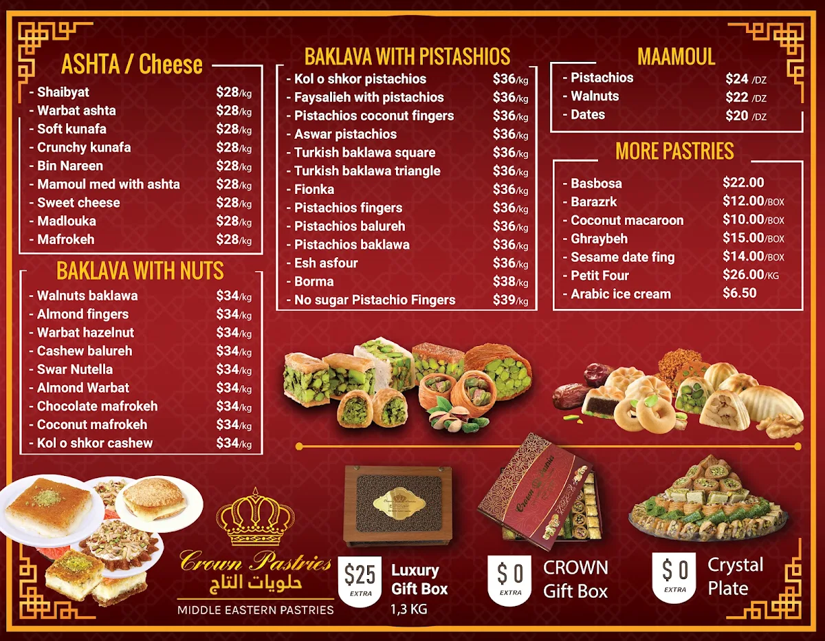 Menu, Crown Pastries