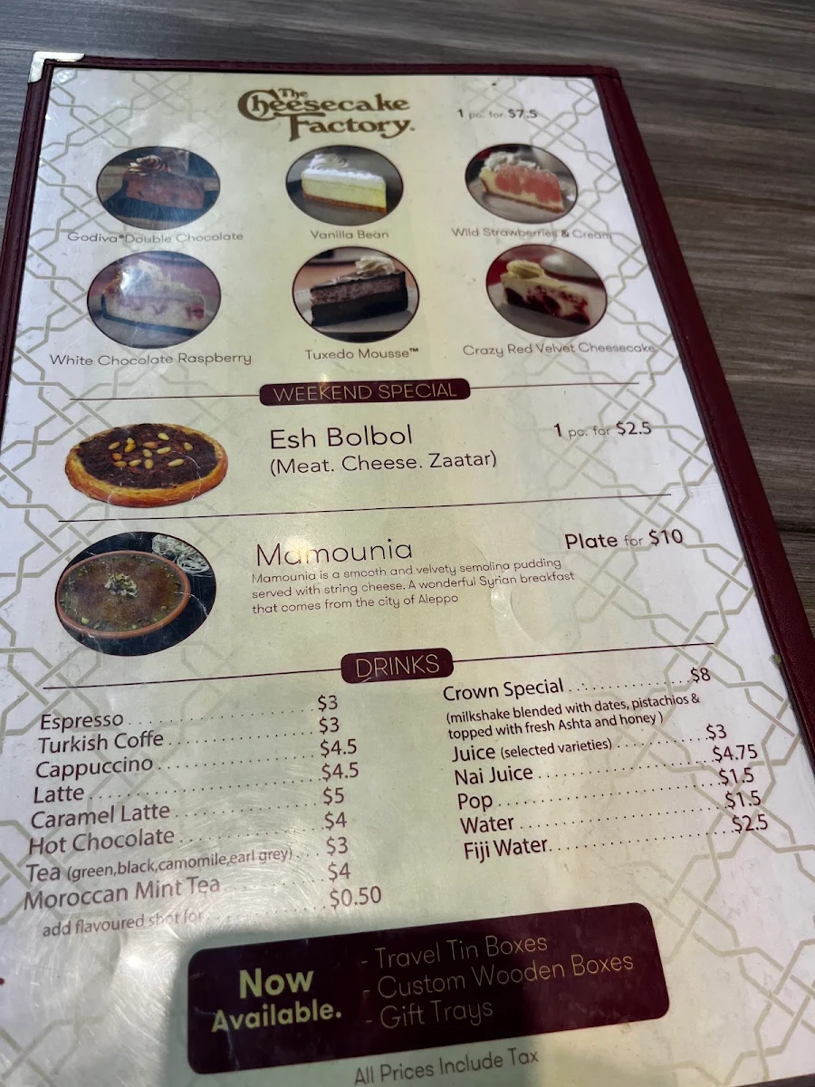 Menu, Crown Pastries