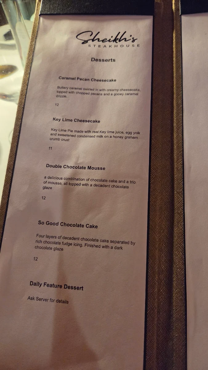 Menu, Sheikh's Steakhouse