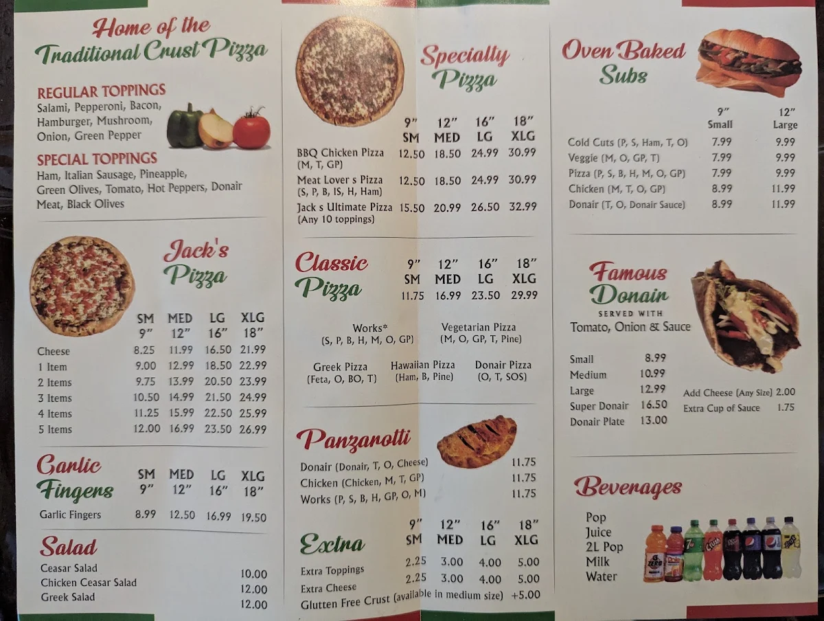 Menu, Jack's Pizza