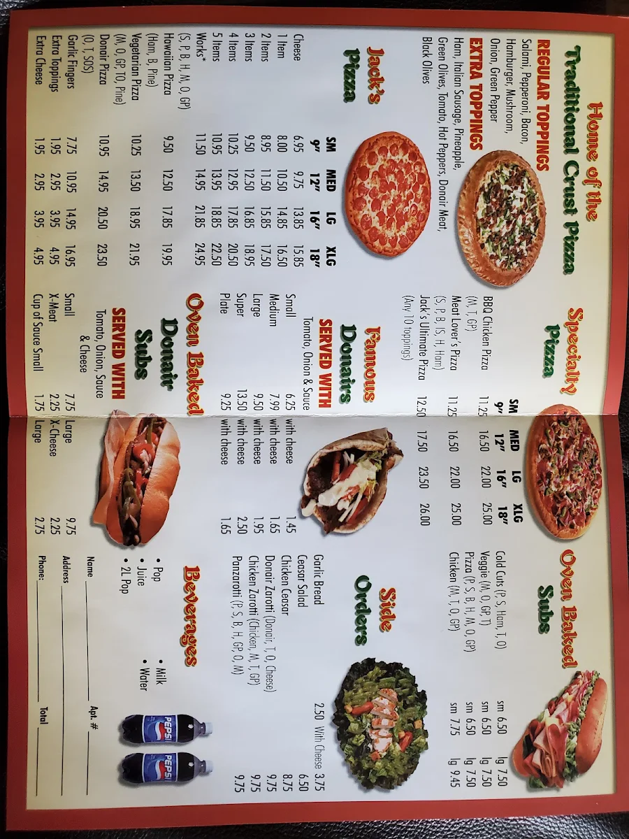 Menu, Jack's Pizza