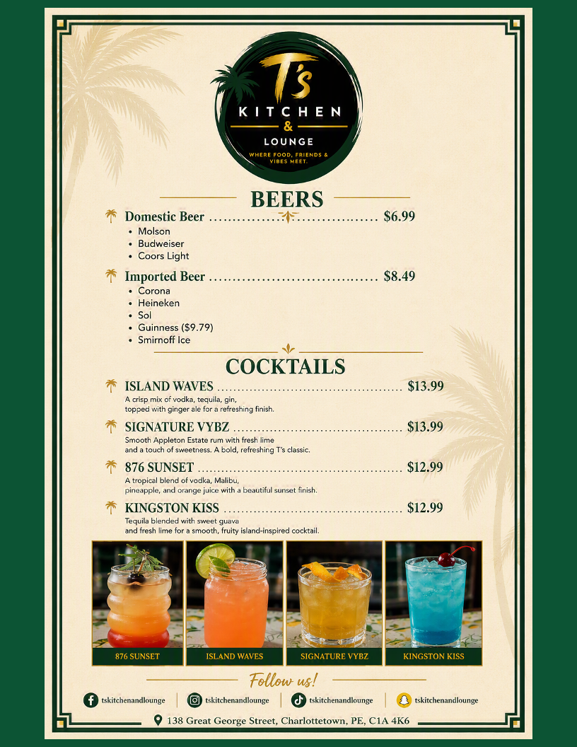 Menu, T's Kitchen & Lounge