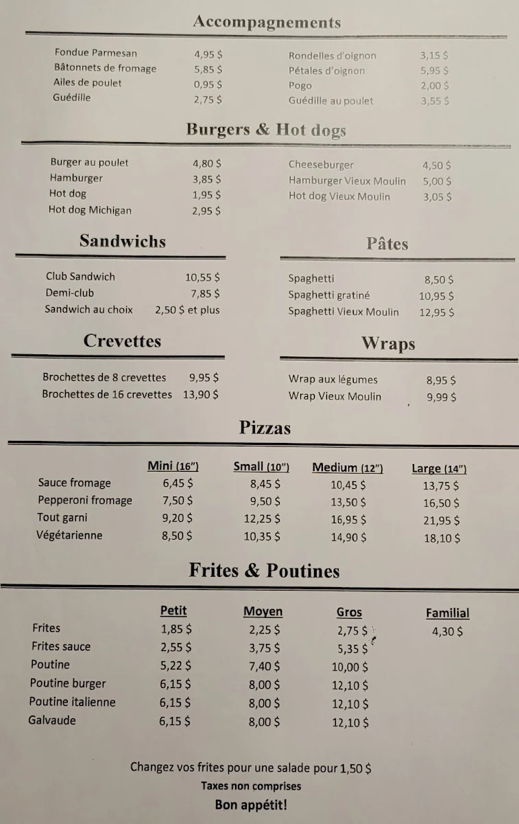 Menu, Restaurant Des Cantons de Dudswell
