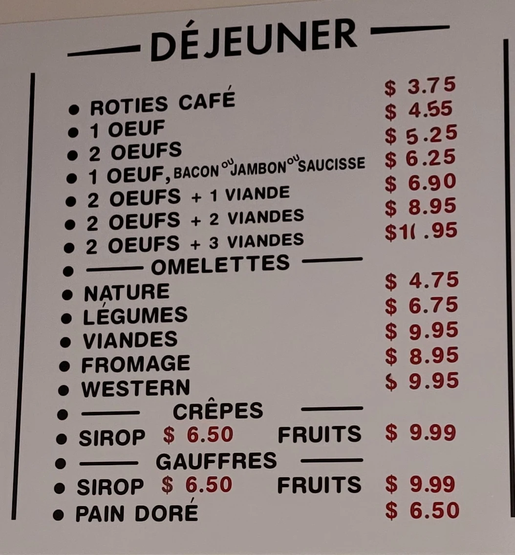 Menu, Restaurant Des Cantons de Dudswell