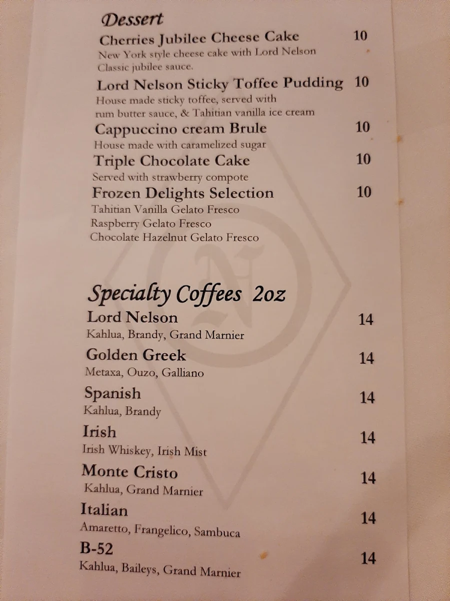 Menu, Lord Nelson Steak House