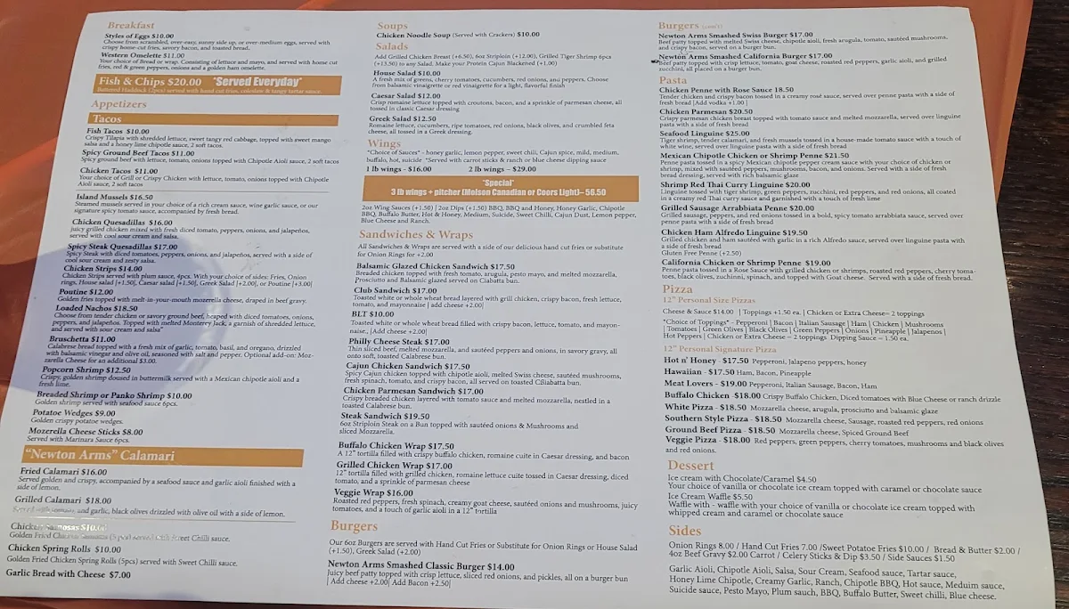 Menu, Newton Arms Bar and grill