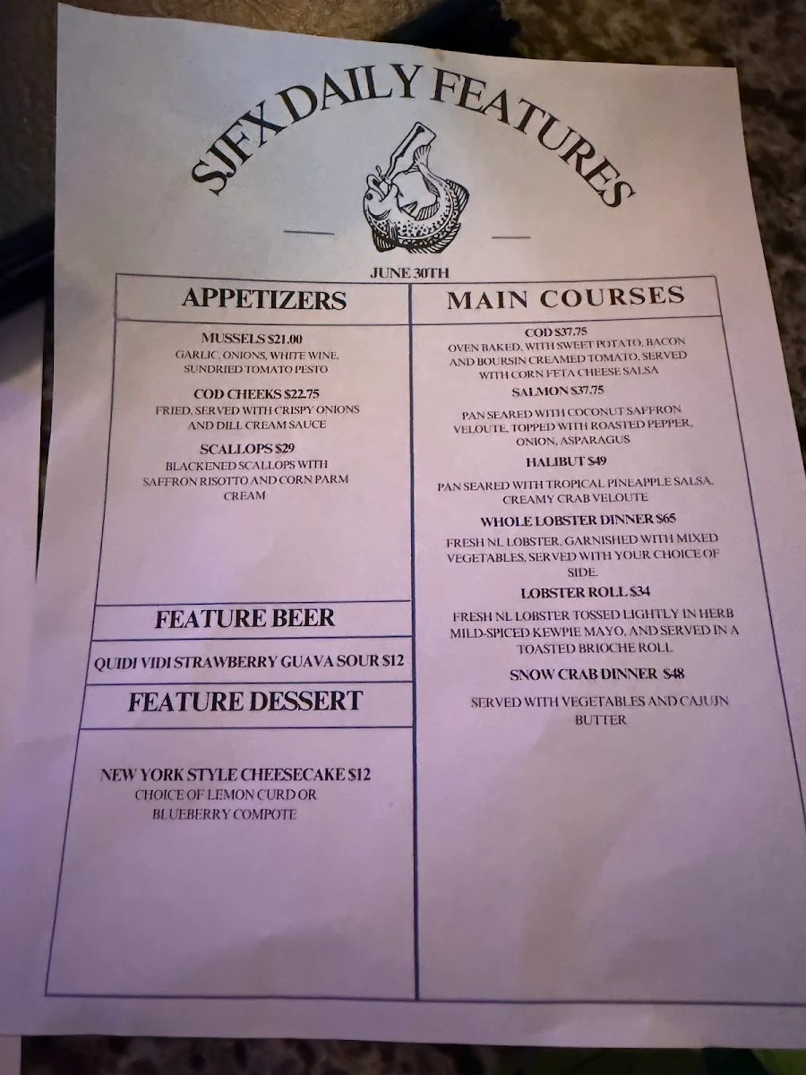 Menu, St. John's Fish Exchange Kitchen & Wet Bar