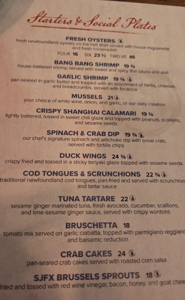 Menu, St. John's Fish Exchange Kitchen & Wet Bar