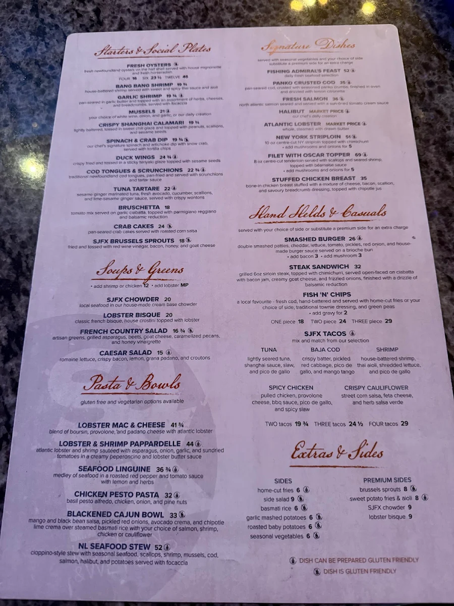 Menu, St. John's Fish Exchange Kitchen & Wet Bar