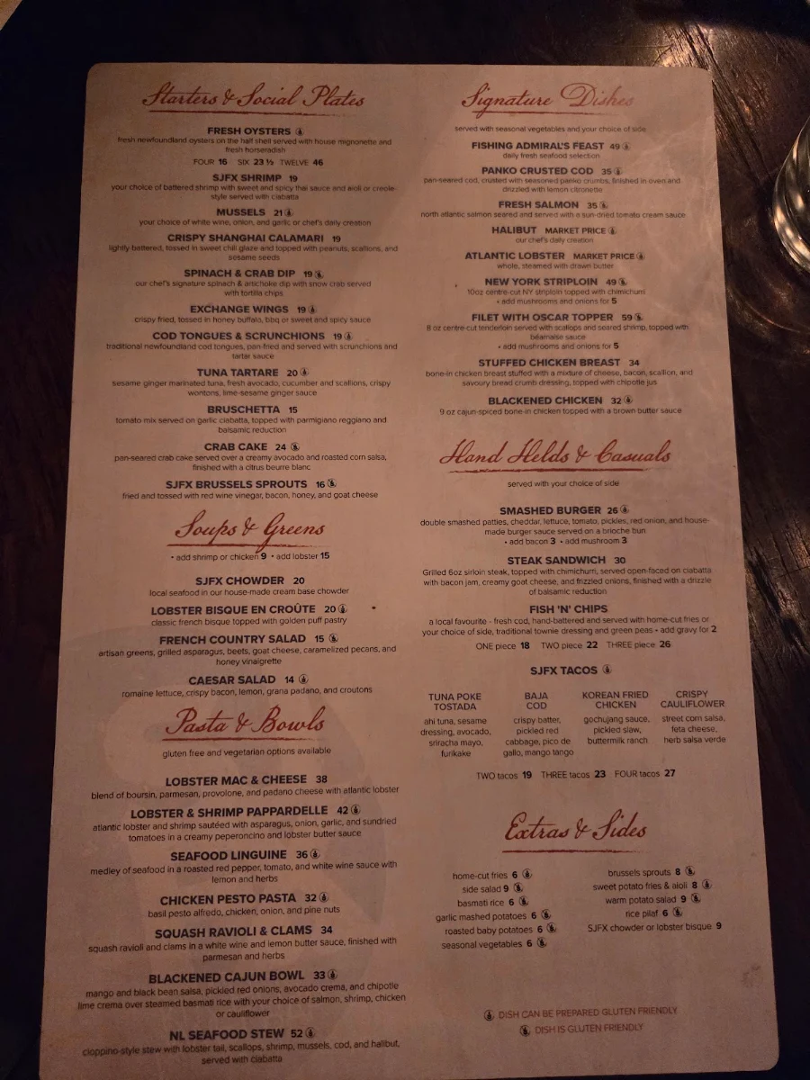 Menu, St. John's Fish Exchange Kitchen & Wet Bar