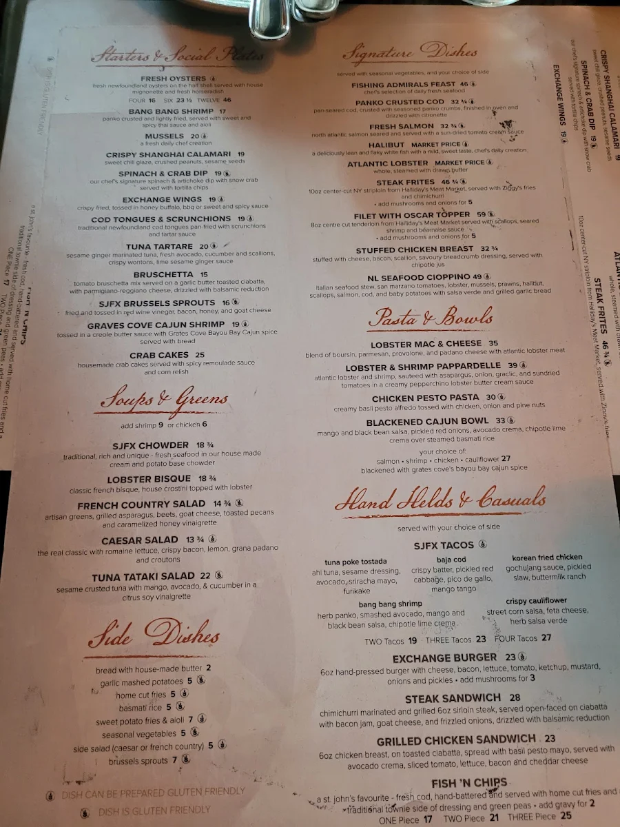 Menu, St. John's Fish Exchange Kitchen & Wet Bar