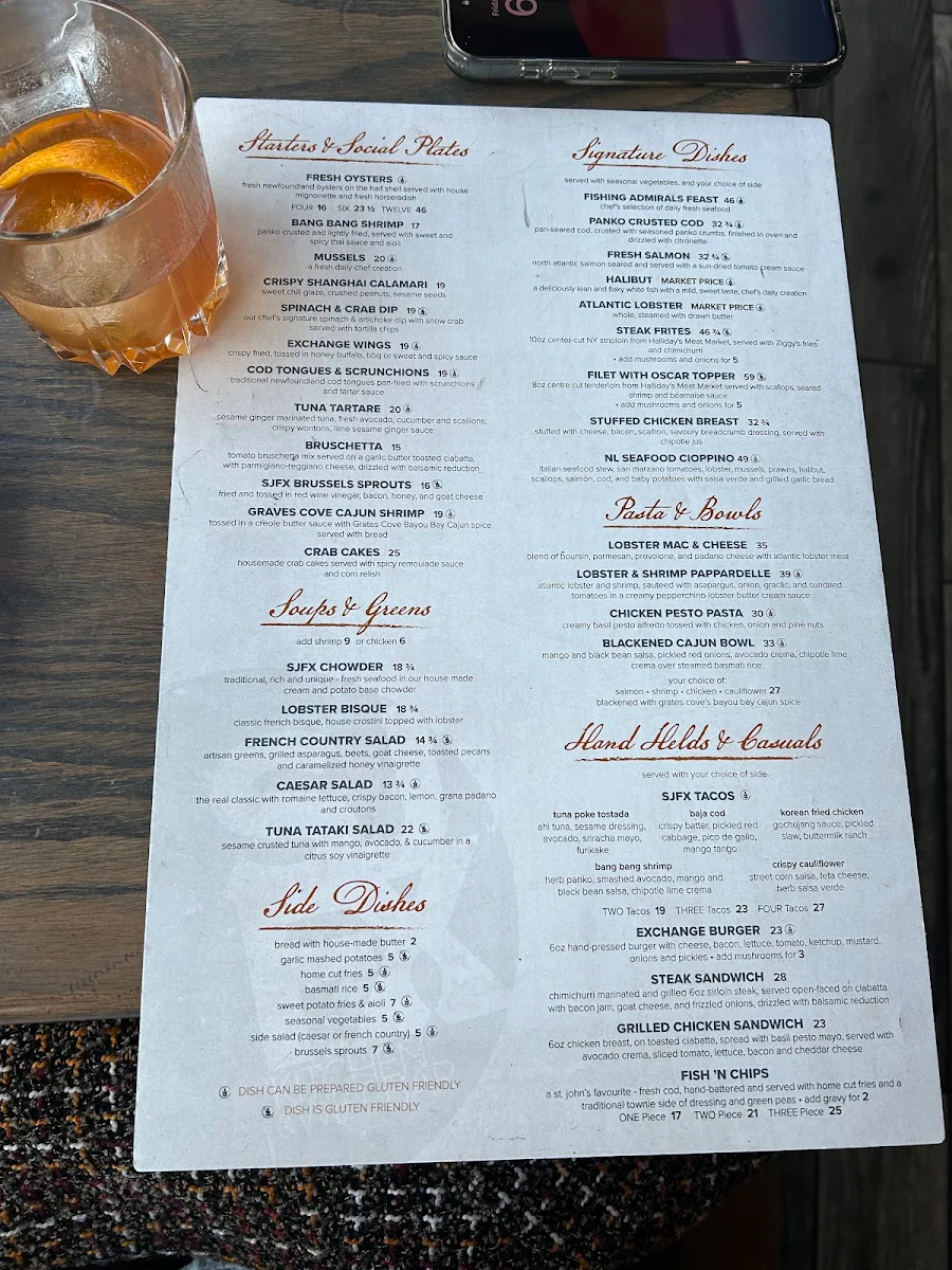 Menu, St. John's Fish Exchange Kitchen & Wet Bar