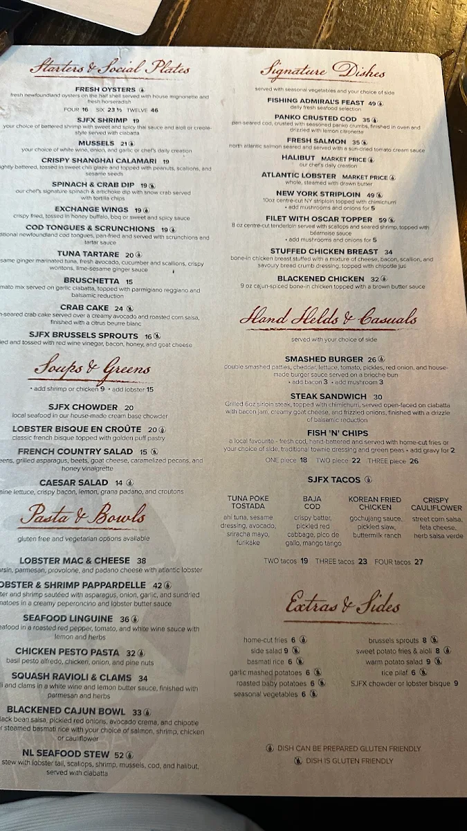 Menu, St. John's Fish Exchange Kitchen & Wet Bar