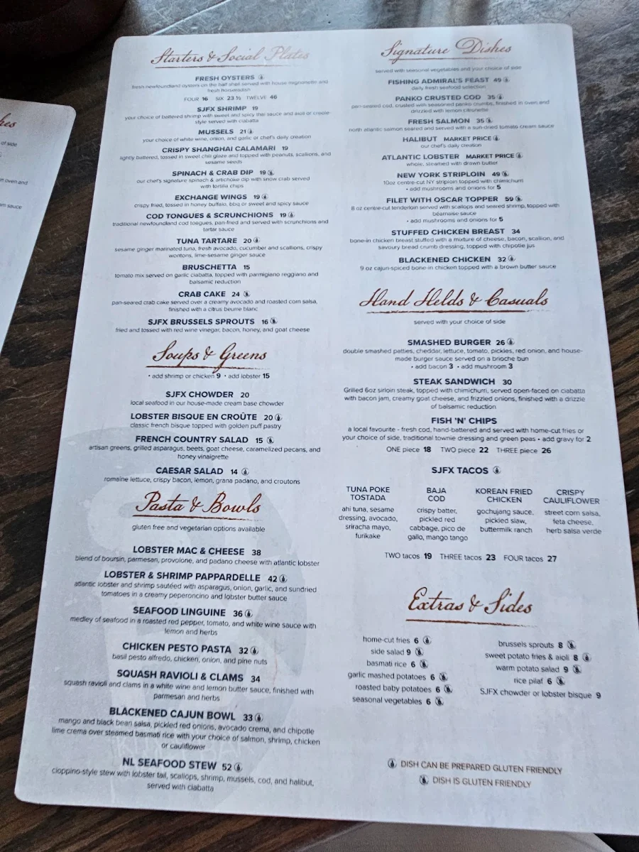 Menu, St. John's Fish Exchange Kitchen & Wet Bar