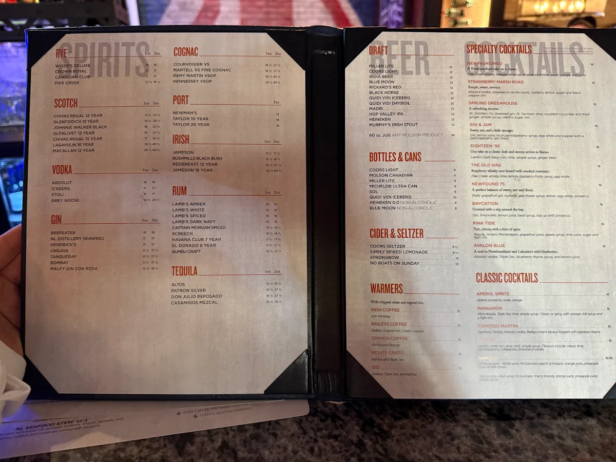 Menu, St. John's Fish Exchange Kitchen & Wet Bar
